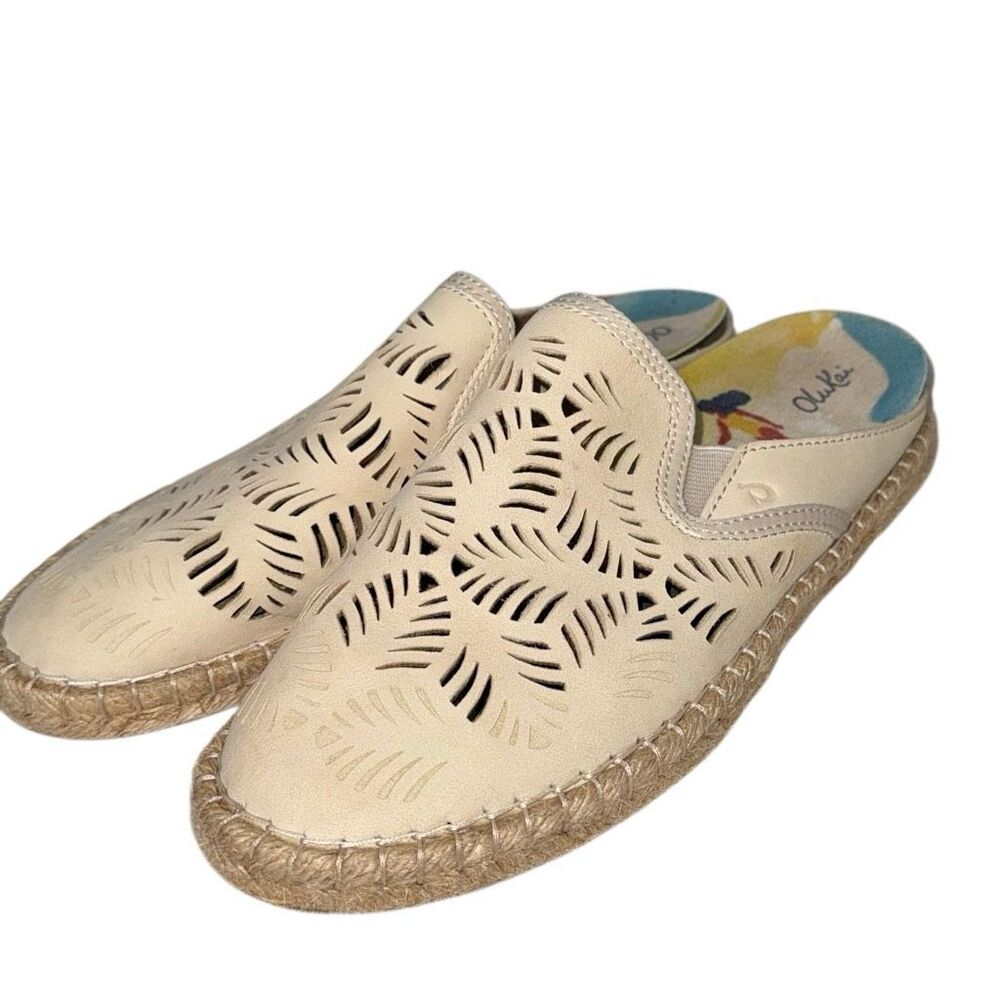 OluKai Cream Laser-Cut Leather Espadrille Mules